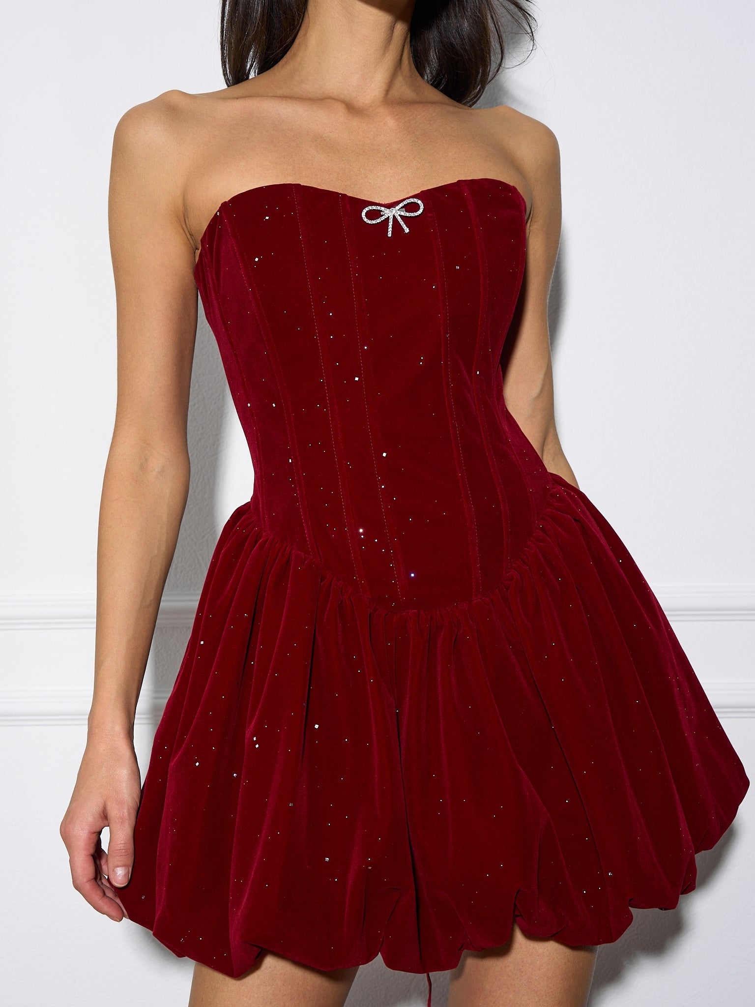 Shimmery Velvet Tube Dress with Diamond Bow ye