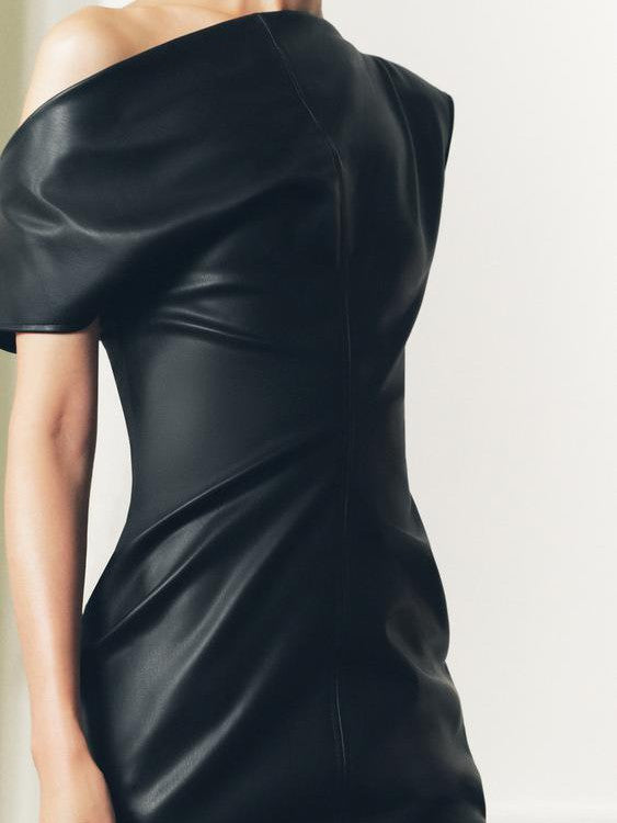 Asymmetric PU Leather Slit Midi Dress