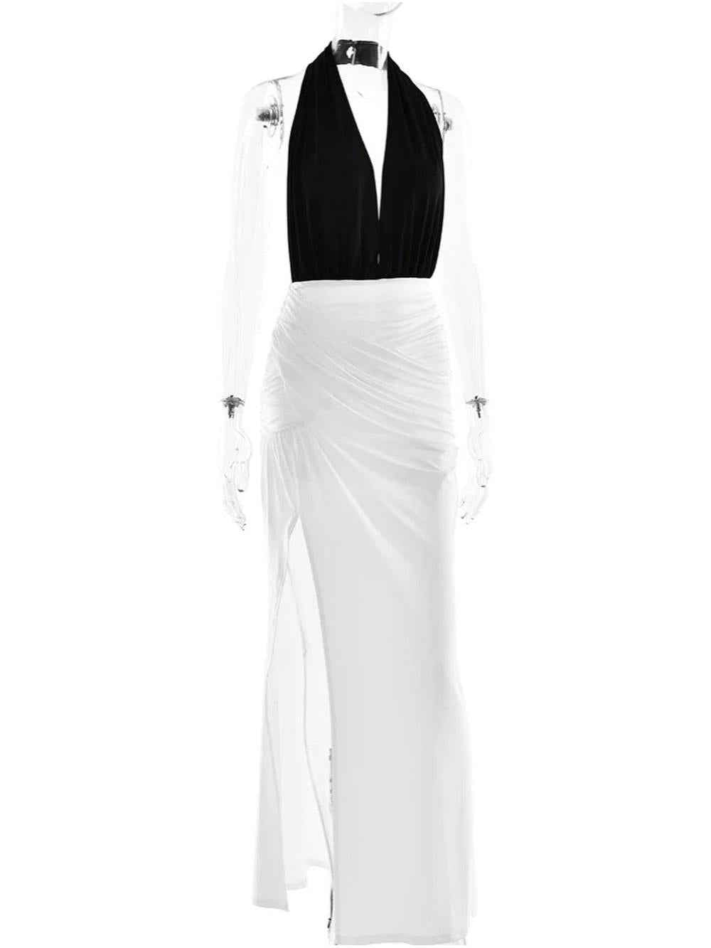 Plunge Halter Ruched Maxi Dress by Exclusives - black halter top and white ruched maxi skirt