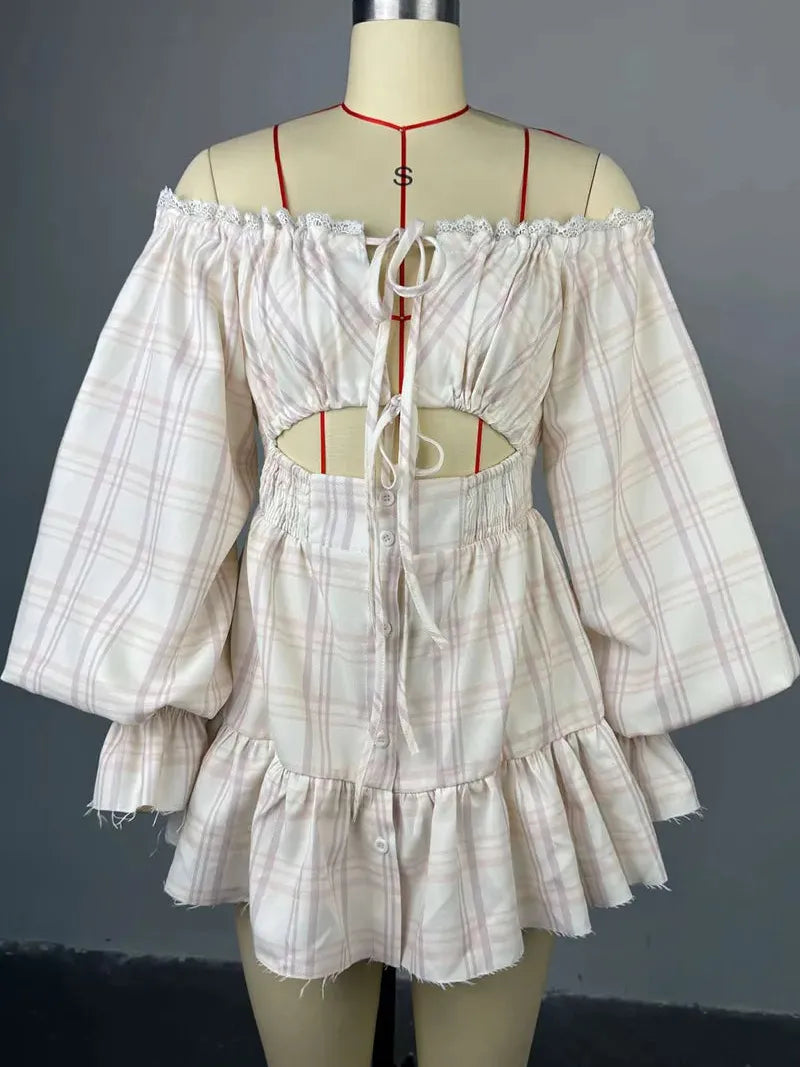 Plaid Lace Buckle Strap Design Off Shoulder Printed Dresses