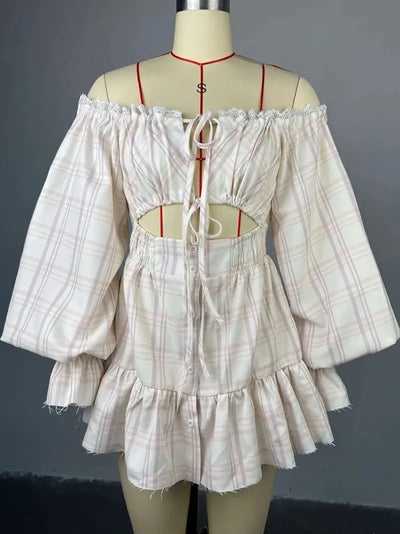 Plaid Lace Buckle Strap Design Off Shoulder Printed Dresses