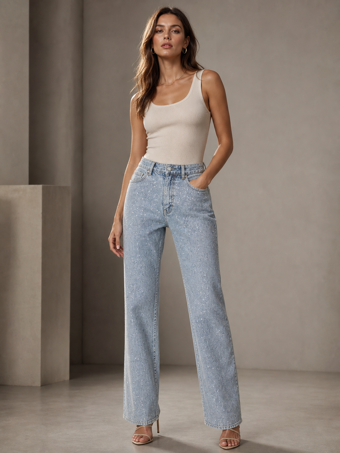 High-Rise Sparkle Straight-Leg Jeans by Exclusives, light-wash denim with subtle speckle sparkle.