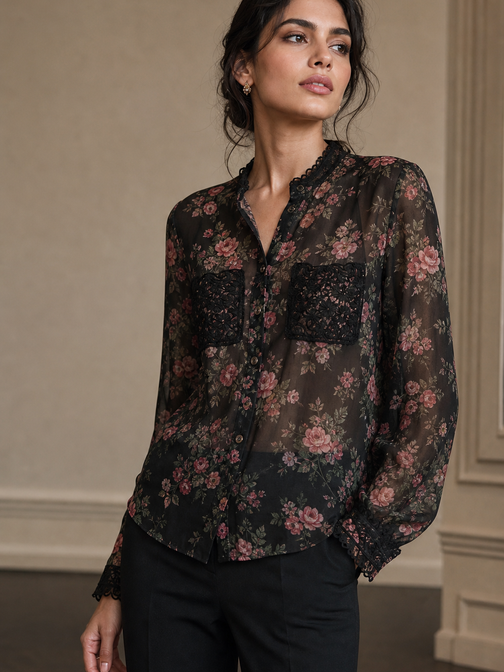 See Throught Printed Shirt with Lace Pockets, sheer black floral top with lace-trim cuffs