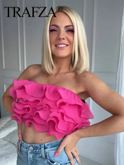Pink Ruffles Tube Crop Top