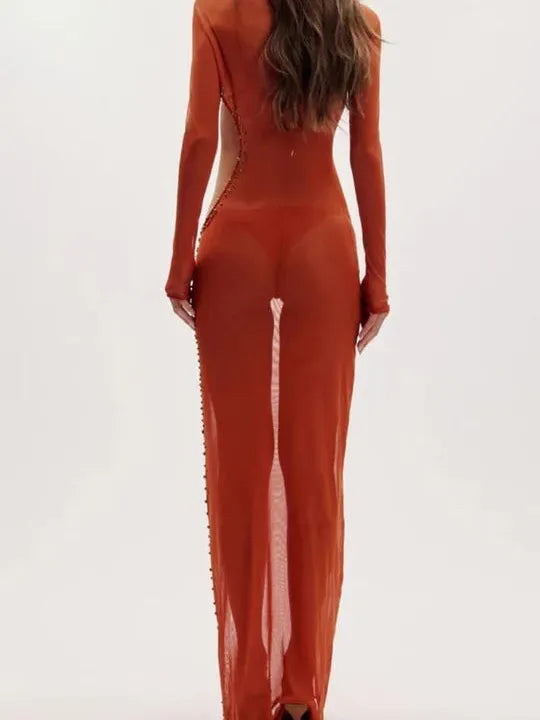 Back view of rust-orange sheer swimsuit cover-up with long sleeves, full-length legs, and bead trim along the side seam.