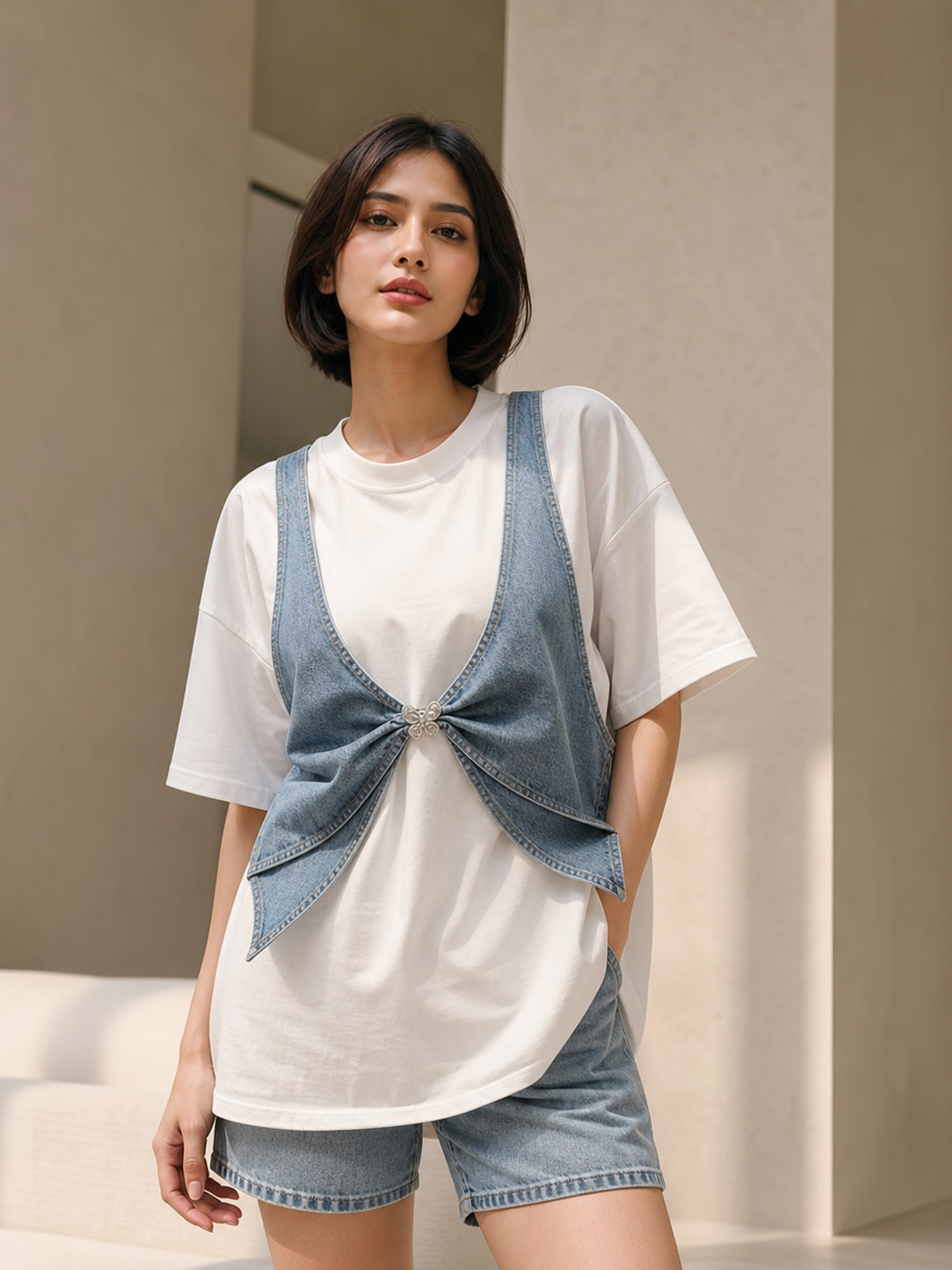 Denim waist coat oversized T shirt layered over a white tee; light blue denim with front knot detail
