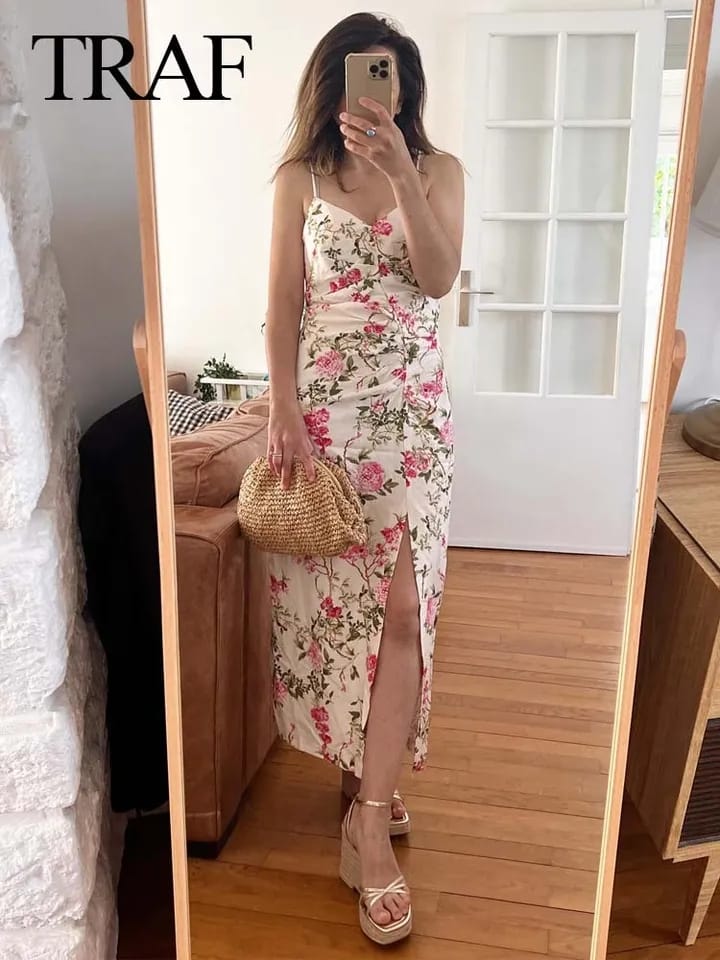 Floral Print Spaghetti Strap Split Dress