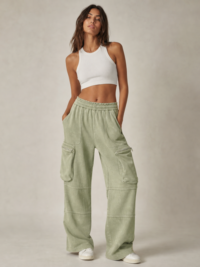 EXCLUSIVES cargo wide-leg pants with pockets in olive green, elastic waist