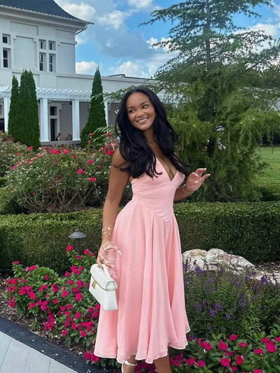 Pink halterneck Flare Midi Dress