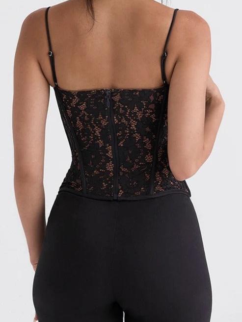 Midnight Muse Lace Corset Top, black lace blouse with thin straps (back view)