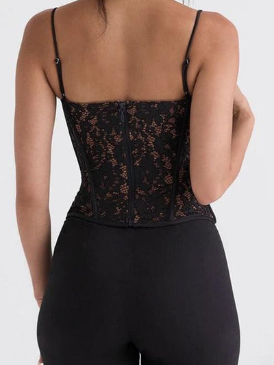 Midnight Muse Lace Corset Top, black lace blouse with thin straps (back view)