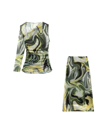 Floral Print One Shoulder Ruched Mesh Top & Skirt Coord Set