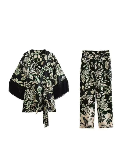 Tassel Sleeves Kimono Knotted Top & Wide Leg Pants Coord Set