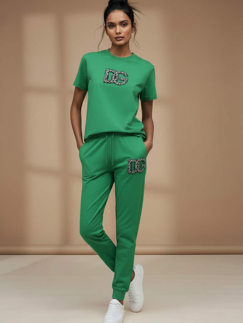 Print D G Diamond Studded T-Shirt and Pants Coord Set in green with DG logo embellishments