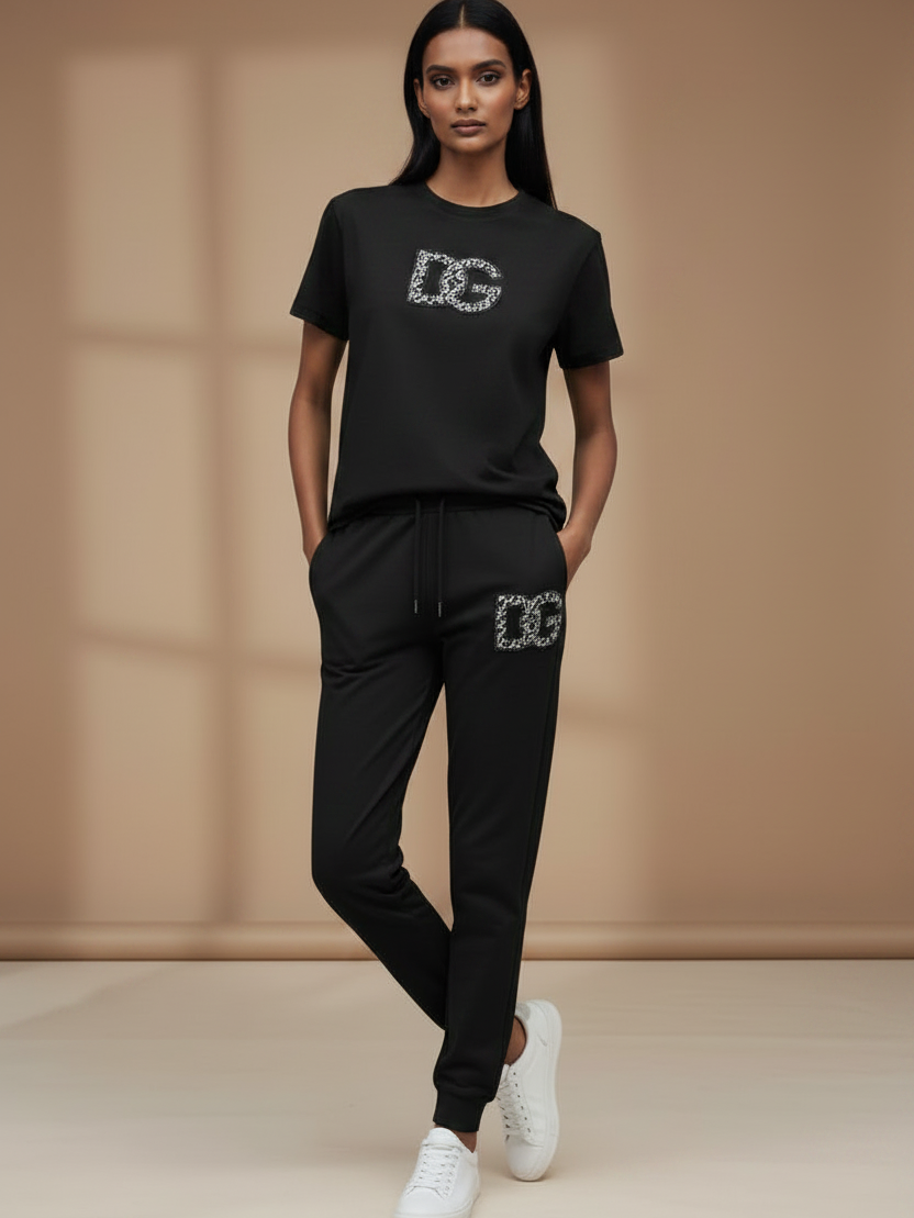 Print DG diamond-studded T-shirt and pants coord set in black with DG logos on chest and thigh.