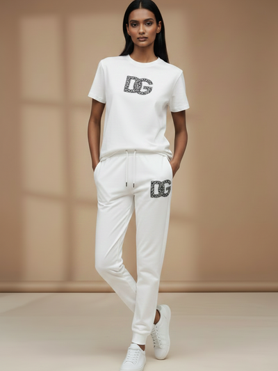 Print DG Diamond Studded T-Shirt & Pants Coord Set by Branded, white two-piece combo with diamond-embellished DG logos.