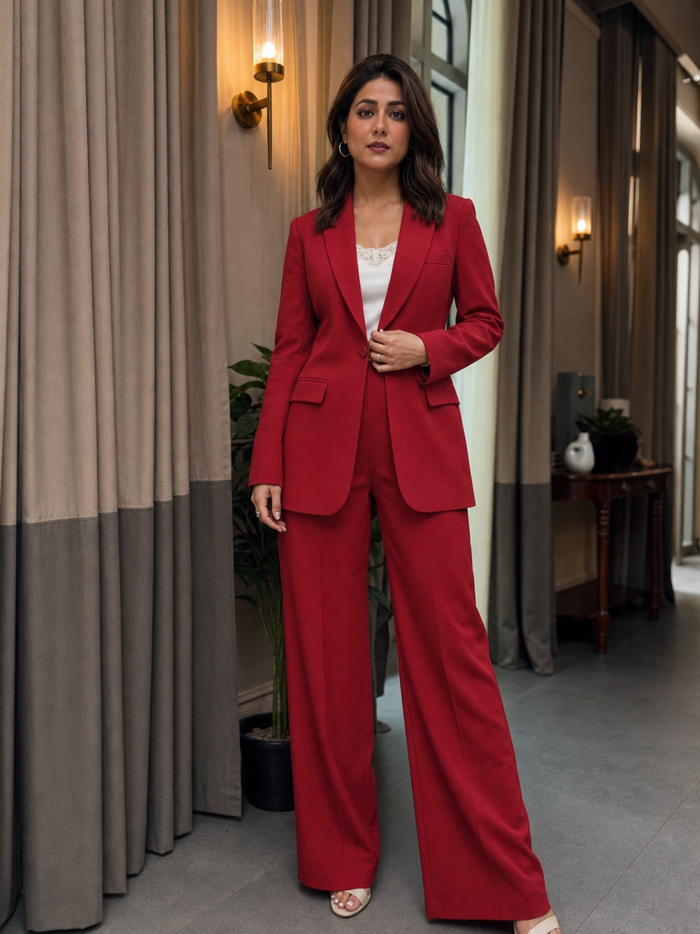 Long blazer & pant coord set by Exclusives in red, wide-leg pant suit on sale