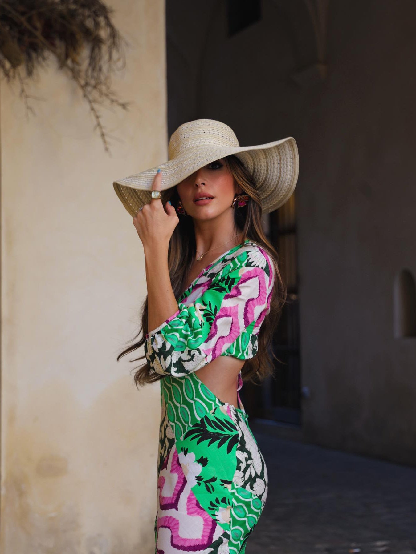 Green Printed Hollow Out Cutout Dress