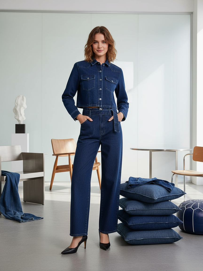 Denim Jacket Top & Pants Coord Set with Belt