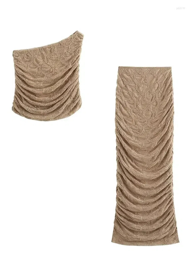 Rhinestone Ruched Long Skirt & One Shoulder Top Coord Set