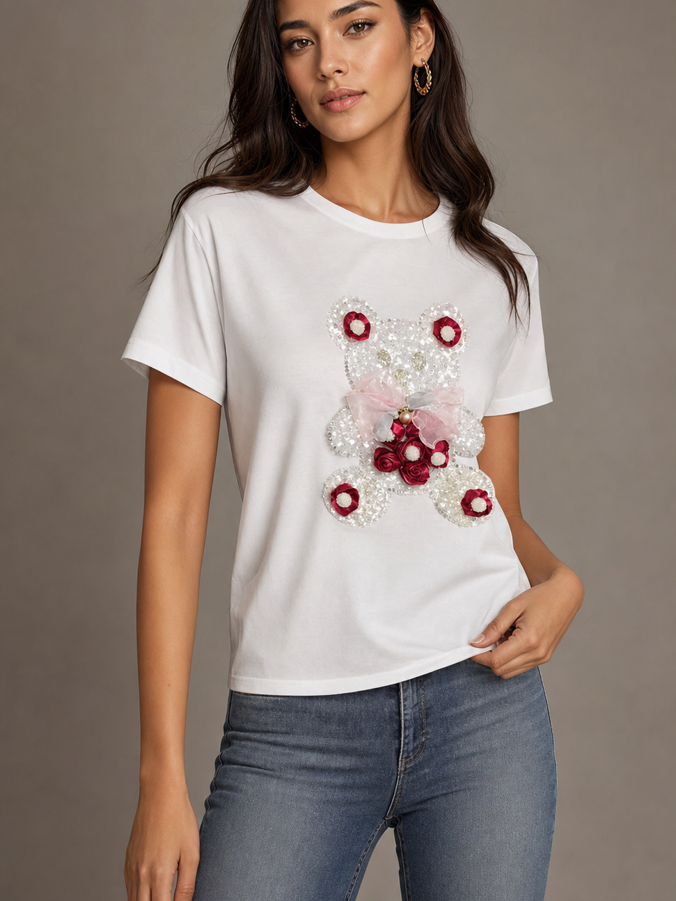 Print M O Sequins T-Shirt; white top with sequined teddy bear design and pink bow, Branded.