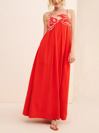 Fish Applique Spaghetti Strap V Neck Maxi Dress