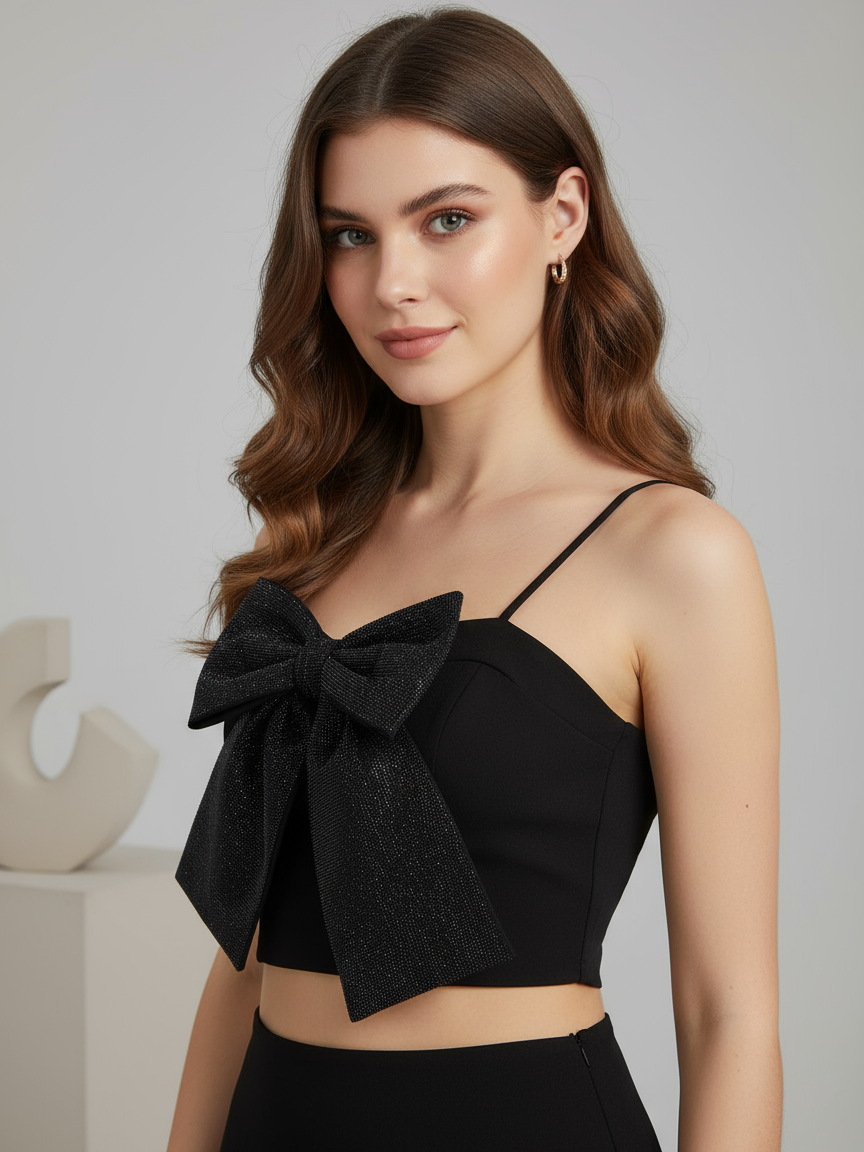 Spaghetti Strap Rhinestone Bow Applique Top