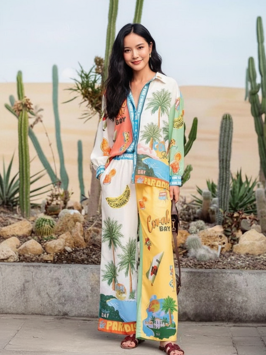 Summer Paradise Beach Print Shirt & Pants Coord Set