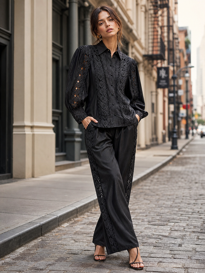 Emroidred coord set shirt and pants in black lace embroidery with lace panels on sleeves and sides by Exclusives