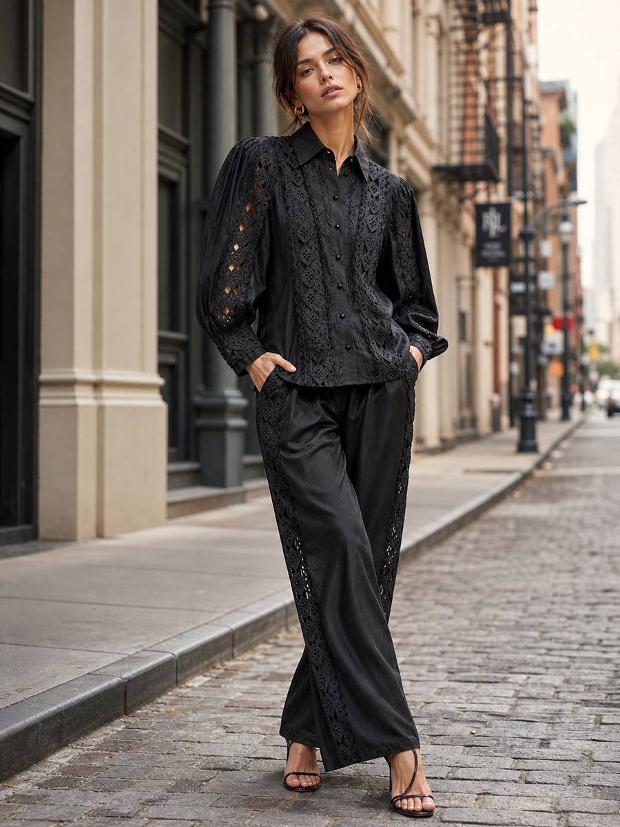 Emroidred coord set shirt and pants in black lace embroidery with lace panels on sleeves and sides by Exclusives