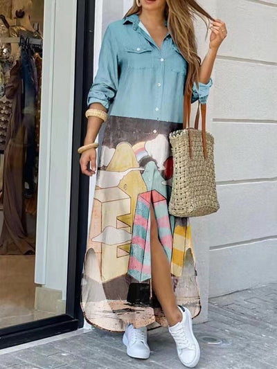 Blue Long Shirt Loose Dress with Short Slit