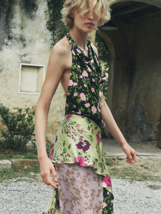 Floral Print Halterneck Backless Maxi Dress