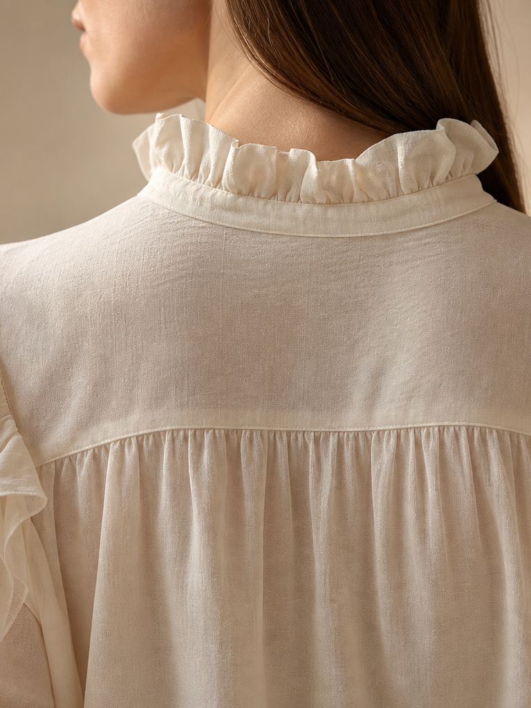 Lantern Sleeve Ruffle Blouse Top in cream, features a high ruffled collar and puff sleeves.