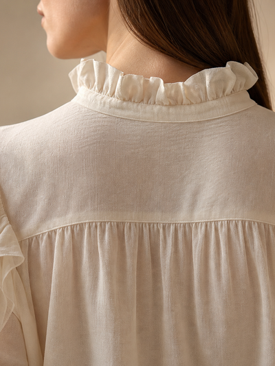Lantern Sleeve Ruffle Blouse Top in cream, features a high ruffled collar and puff sleeves.