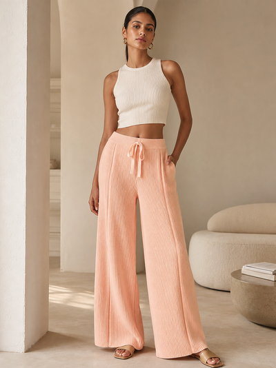 Wide Leg Knitted Stripe Pants by EXCLUSIVES in peach ribbed knit with drawstring waist