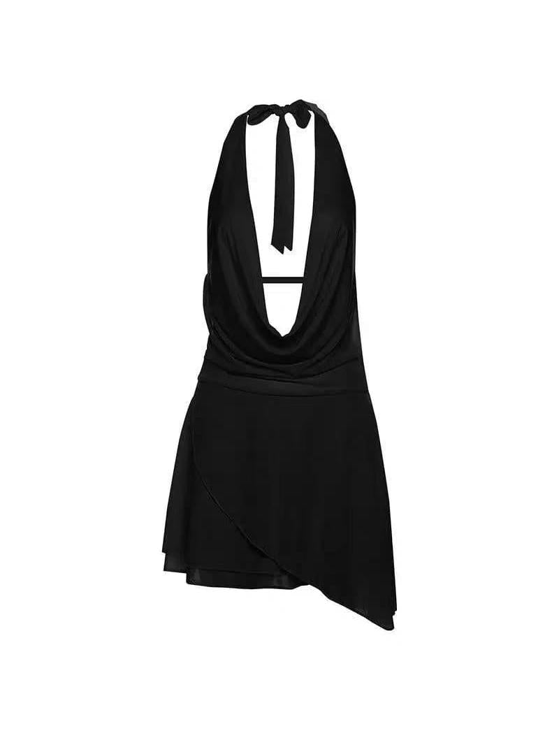 Sunset Drift Halter Mini Dress by Exclusives, black halter-neck dress with draped, asymmetric wrap skirt