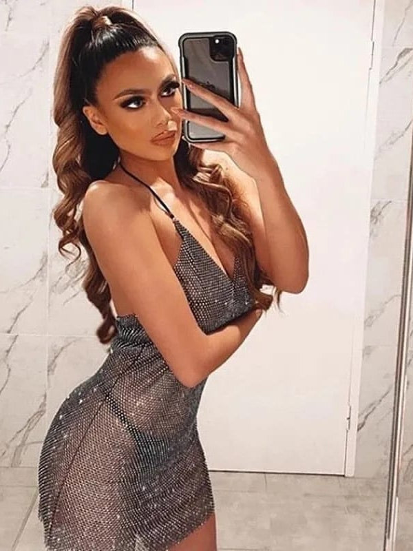 V Neck Rhinestone Diamond Studded Short Bodycon Dress