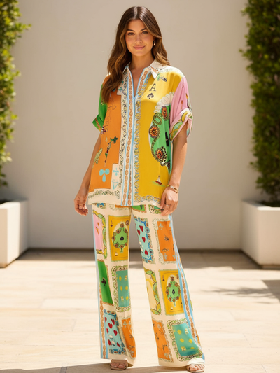 Summer Cards Heart Print Shirt & Pants Coord Set