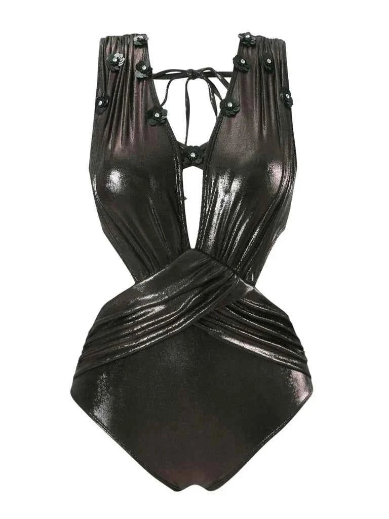 Midnight Metallic Cross-Front Swimsuit & Ruched Maxi Skirt Set