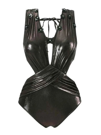 Midnight Metallic Cross-Front Swimsuit & Ruched Maxi Skirt Set