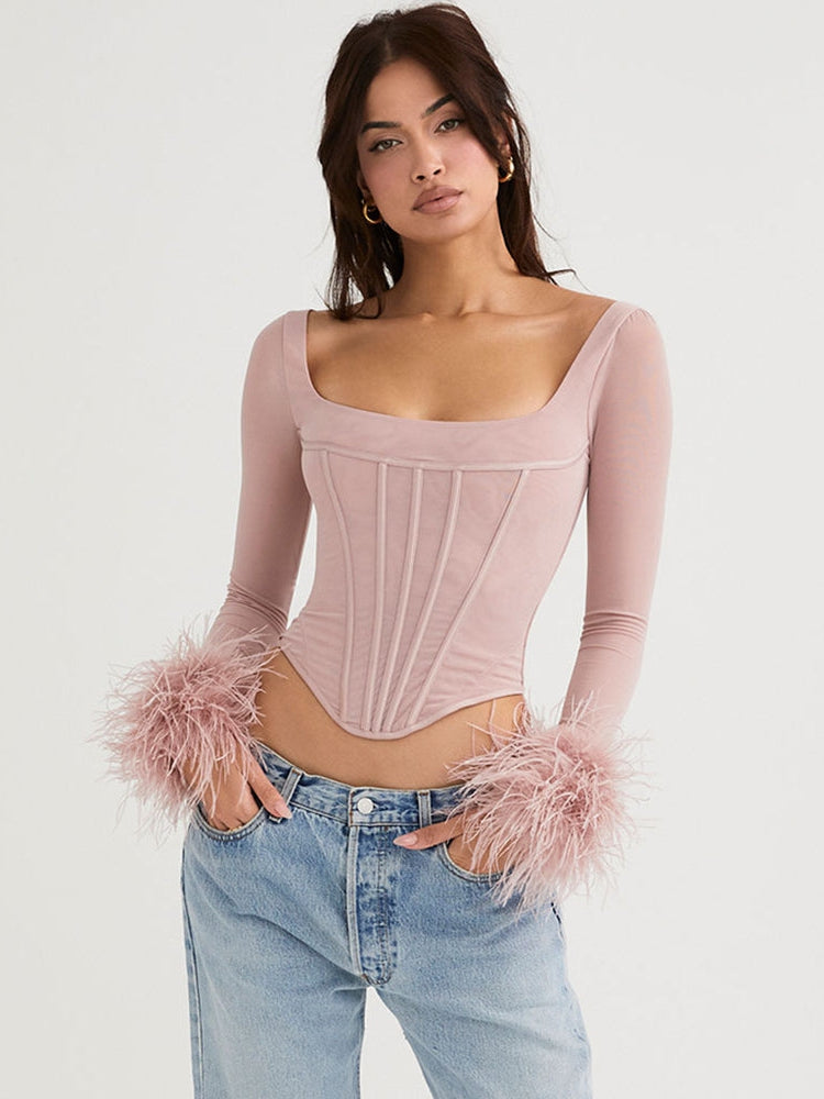 Boning Feather Sleeves Corset Top