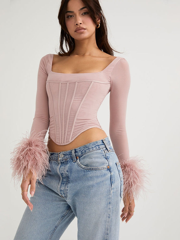 Boning Feather Sleeves Corset Top