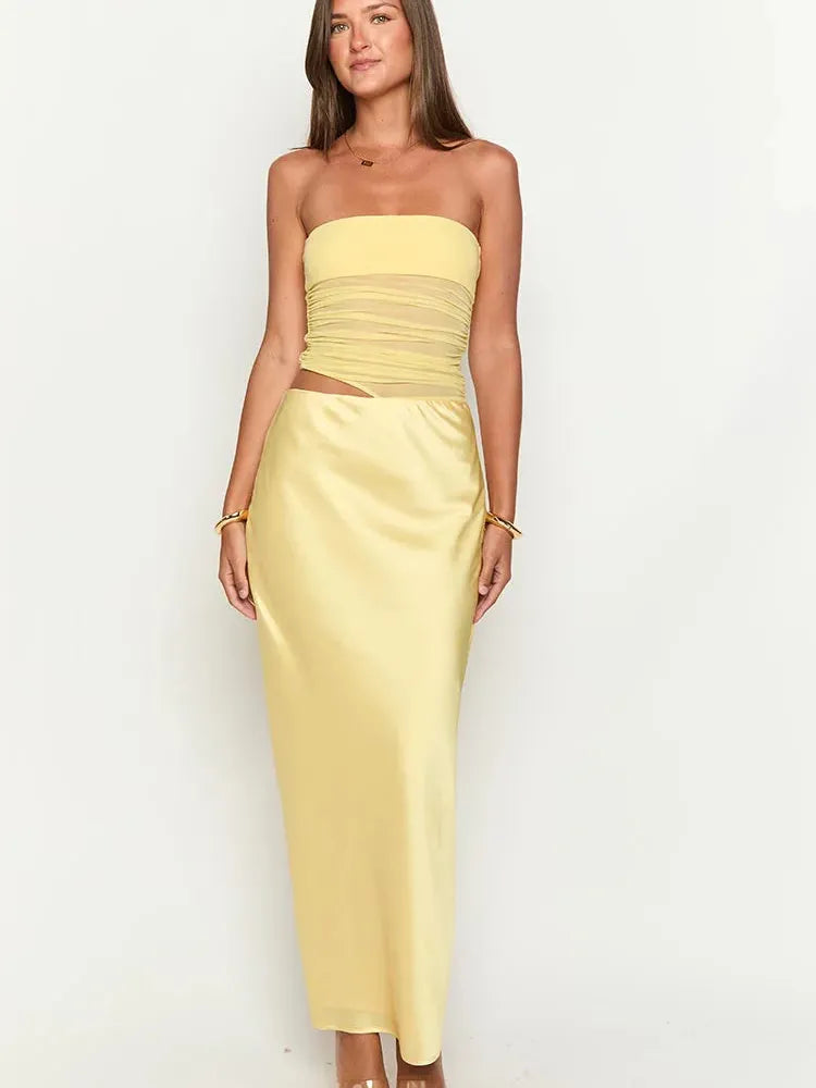 Tube Top Hollow Out Cutout Backless Satin Maxi Dress