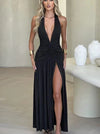 Lamer Halterneck Ruched Slit Maxi Dress