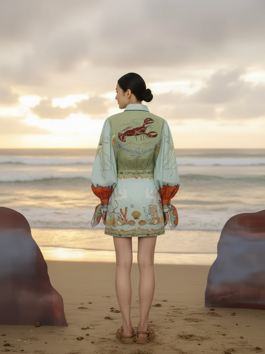 Vintage Lobster Print Puff Sleeve Wrap Short Dress