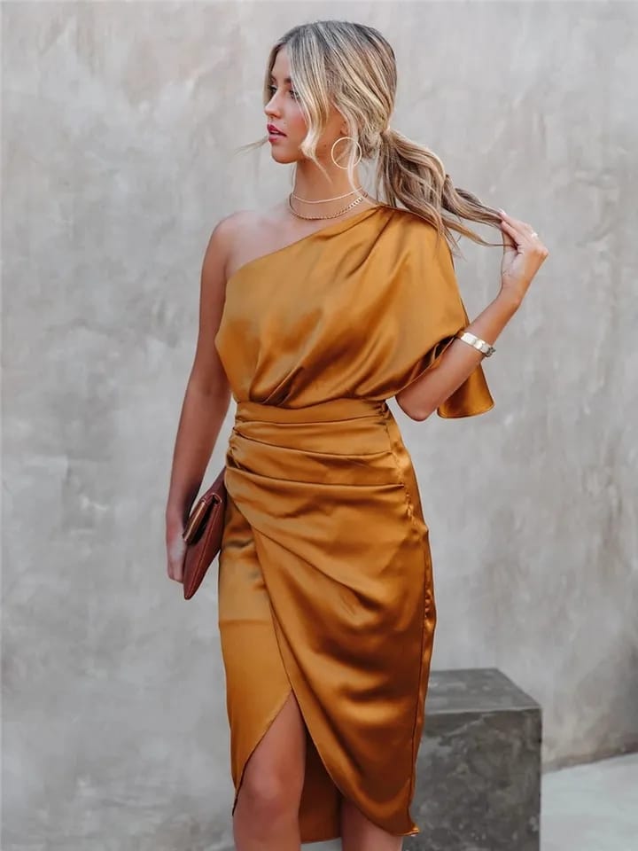 Orange One Shoulder Satin Ruched Dress