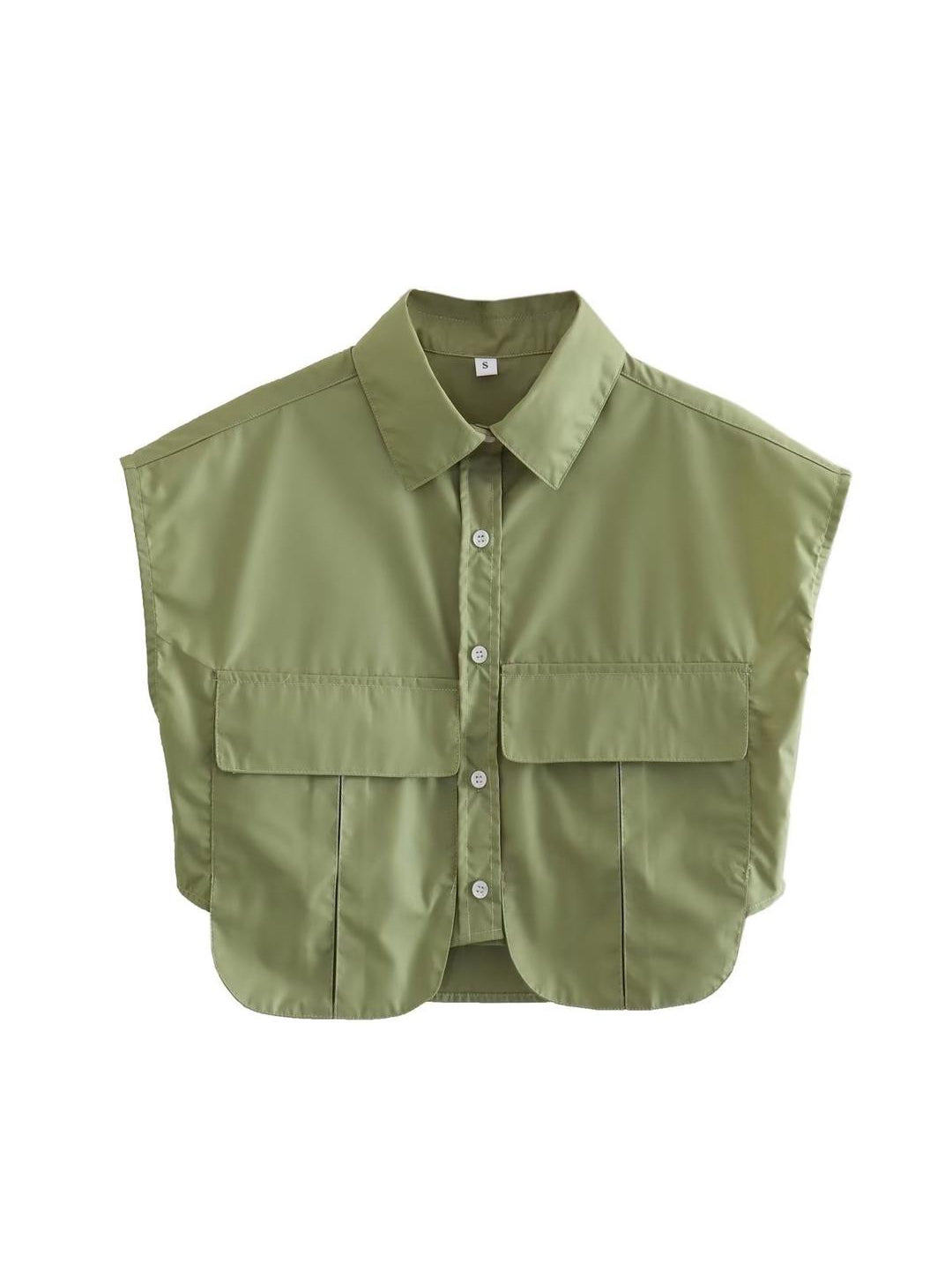 Olive green cropped collared shirt with front button closure, two large flap chest pockets, and a curved hem.