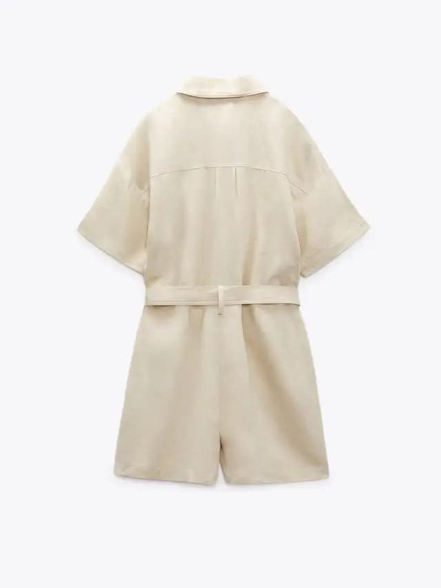 Linen Beige Belted Romper Jumpsuit