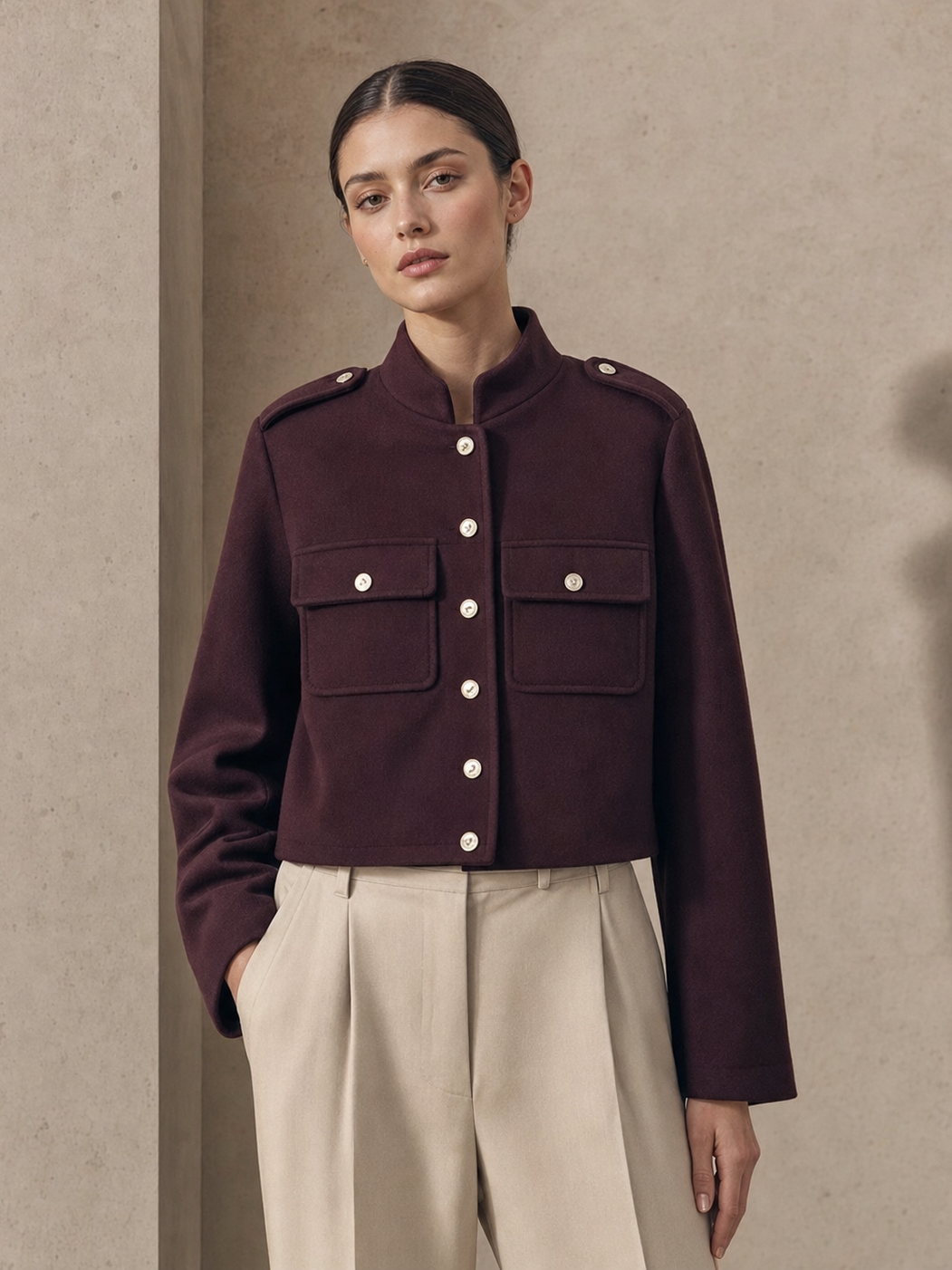 Jacket: burgundy woolen with button-up front and pockets, EXCLUSIVES, coats & jackets on sale