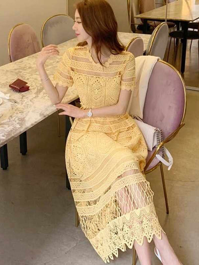 Yellow Crochet Lace Dress with Inner